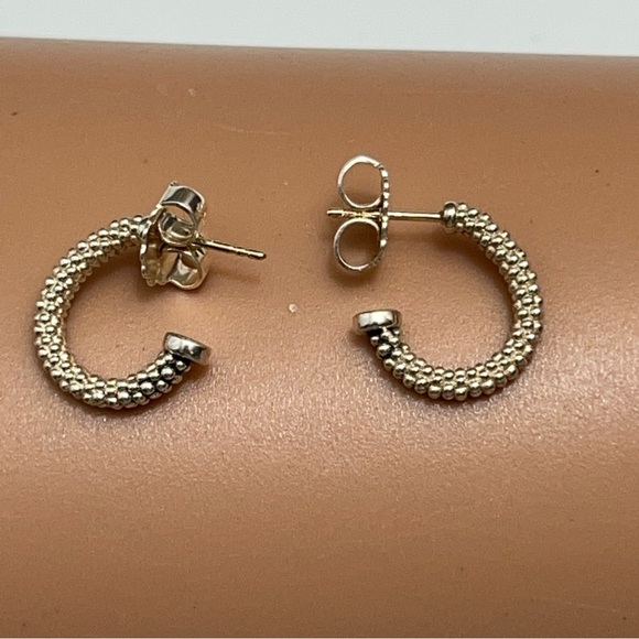 Lagos Sterling Silver Small Caviar Hoop Earrings w/ 14K Gold Posts, 5.45g - Picture 2 of 14